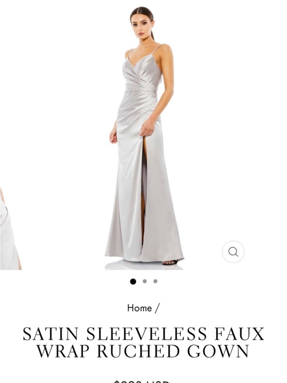 Mac Duggal Silver Satin Sleeveless Faux Wrap Ruched Gown